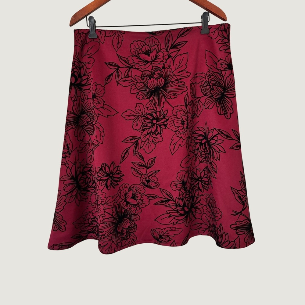 Roz & Ali Magenta Pink Black Flocked Floral A-Line Skirt Large Knee Length
